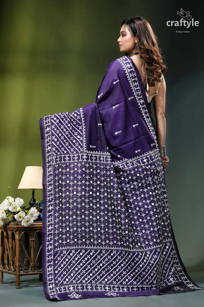 Jacarta blue intricate gujrati stitched silk saree with mirror work deep purple saree intricate white 5