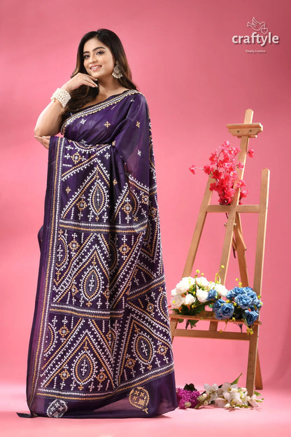 Jacarta silk gujrati stitch saree for women young woman dark purple silk 3