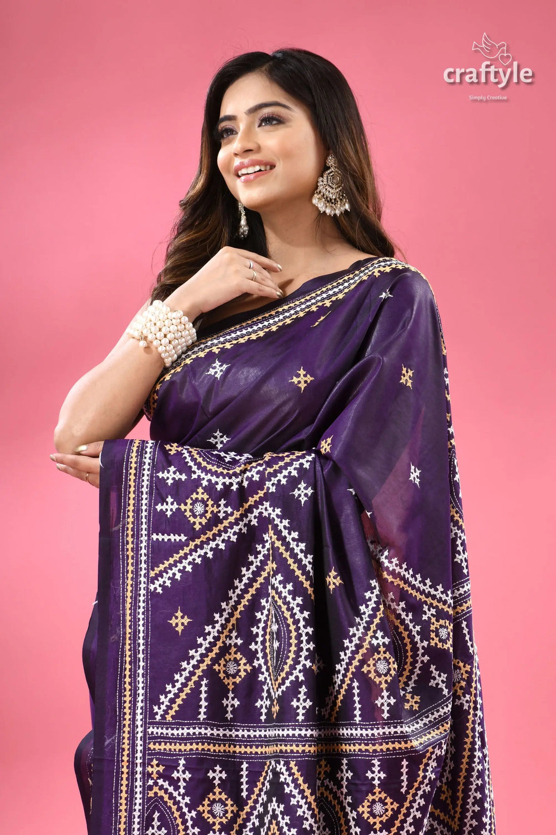 Jacarta silk gujrati stitch saree for women purple silk saree white gold 2
