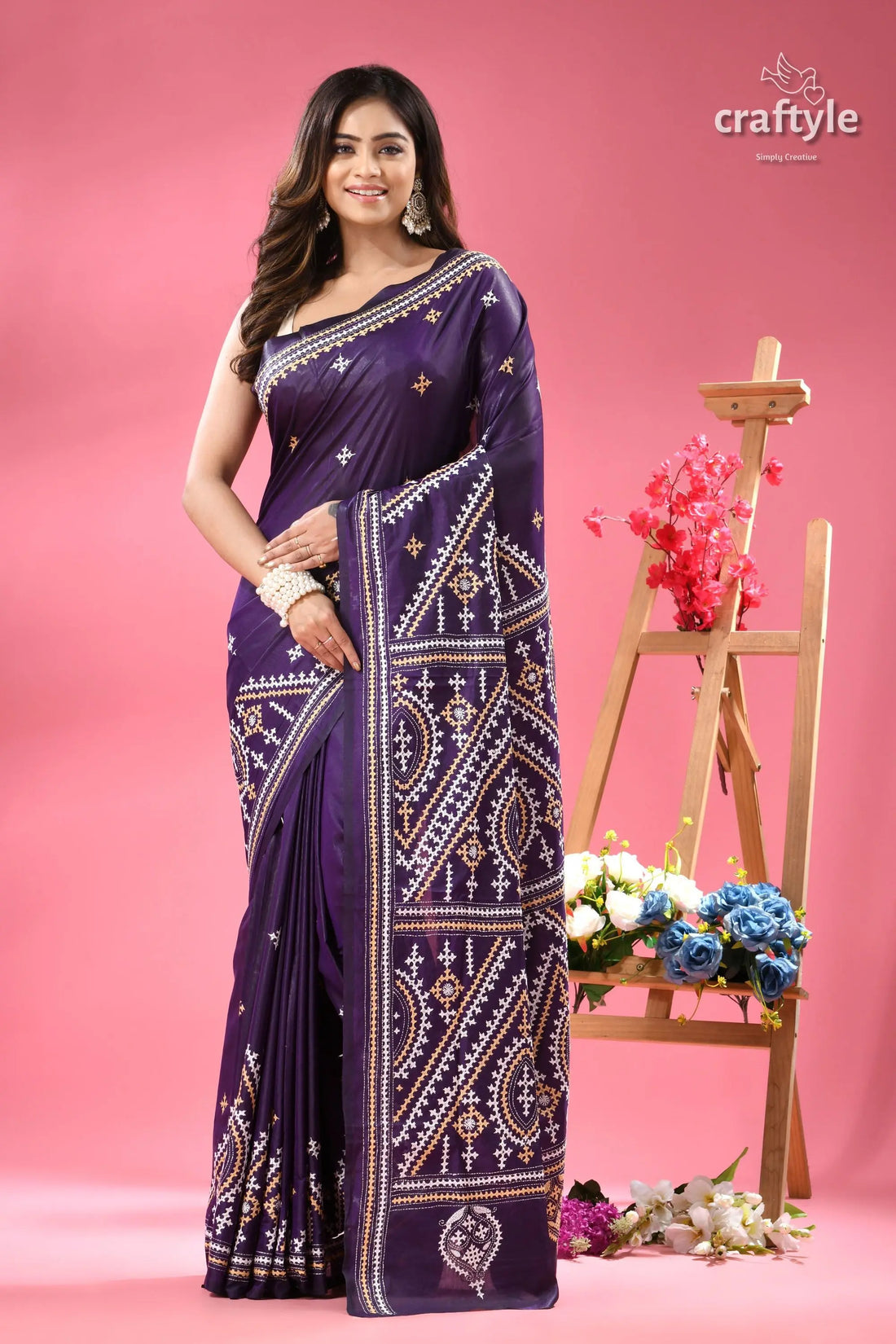 Jacarta silk gujrati stitch saree for women woman models deep purple silk 1