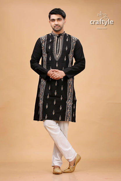 Jade black and beige kantha work mens cotton ethnic punjabi 1