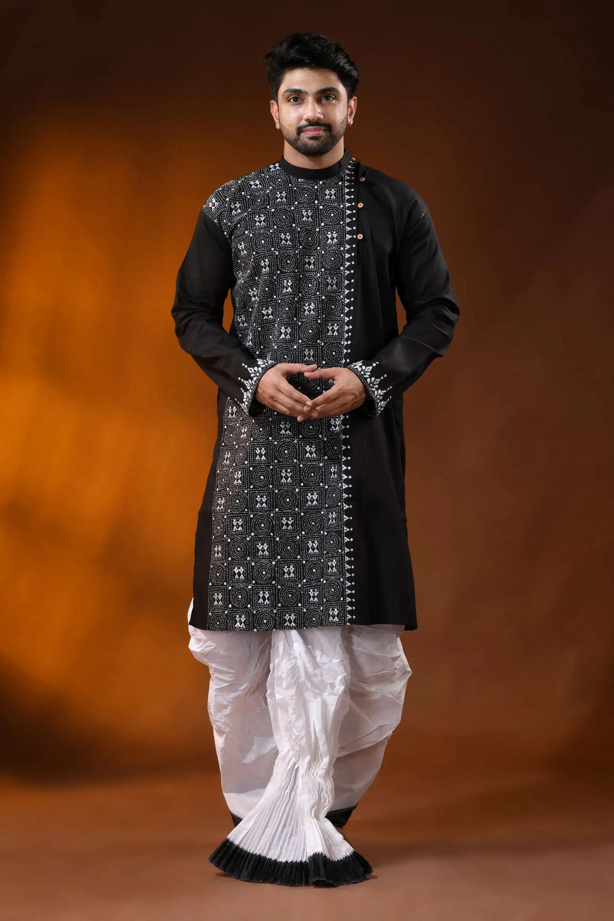 Jade black cotton kantha kurta for men - handcrafted geometric design 1