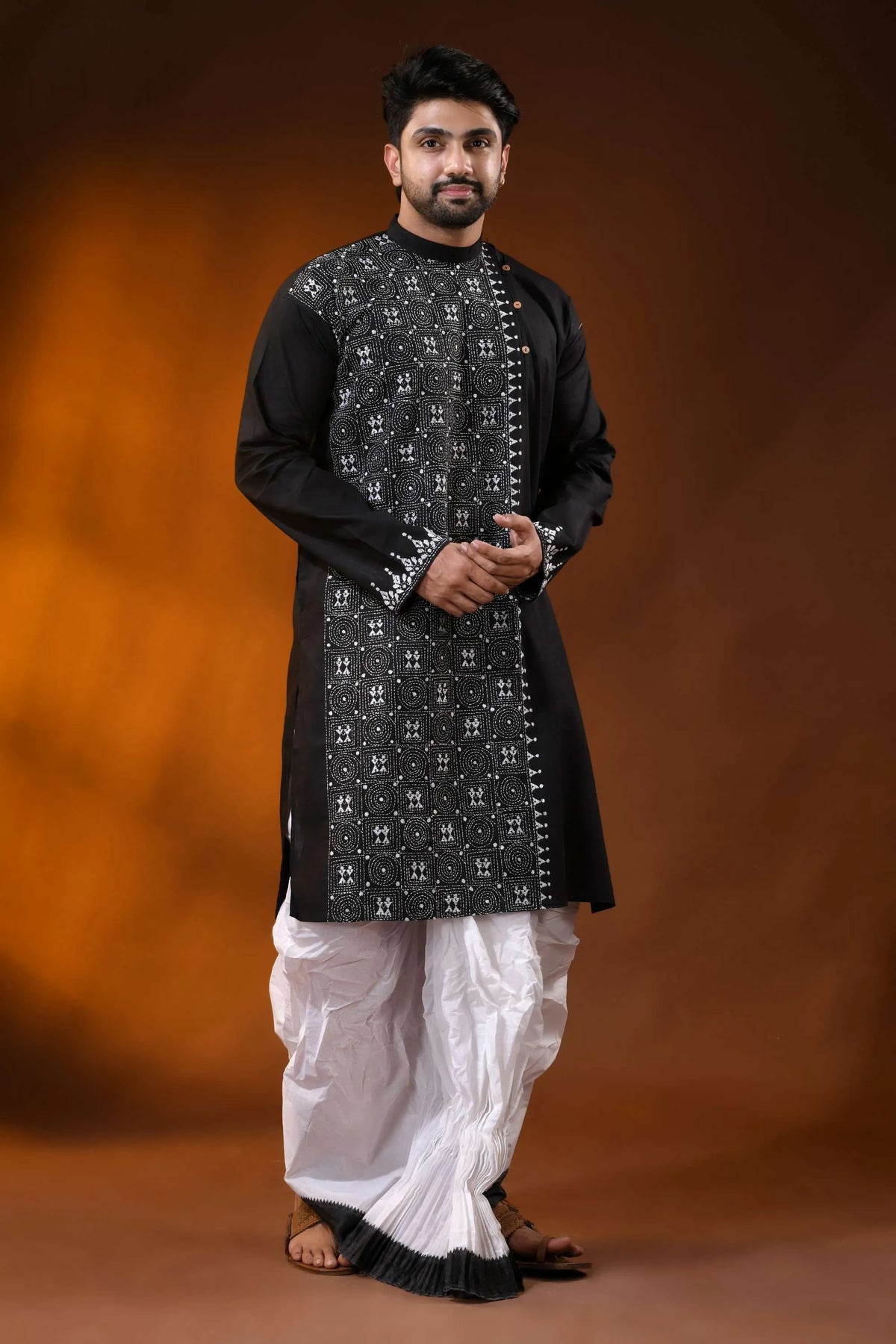 Jade black cotton kantha kurta for men - handcrafted geometric design 5