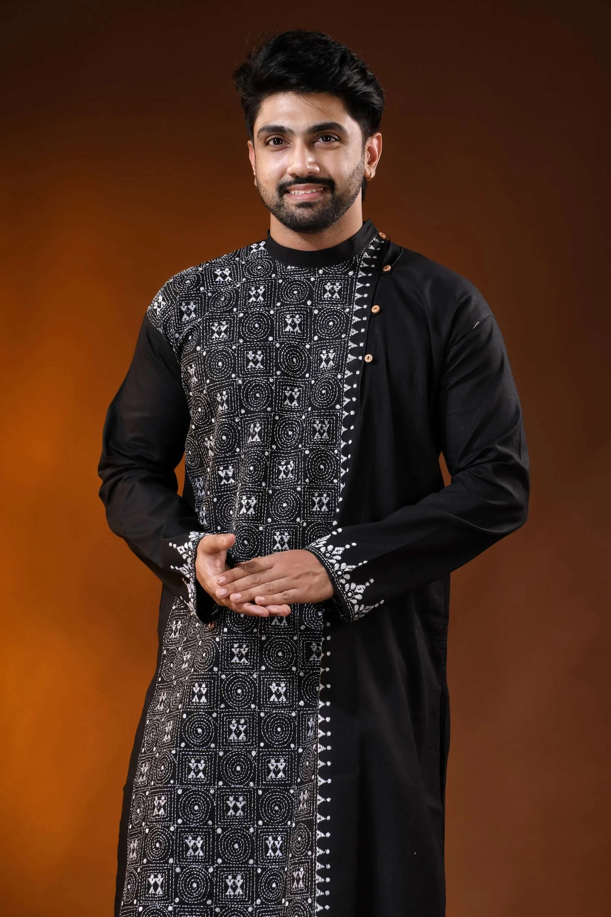 Jade black cotton kantha kurta for men - handcrafted geometric design 2
