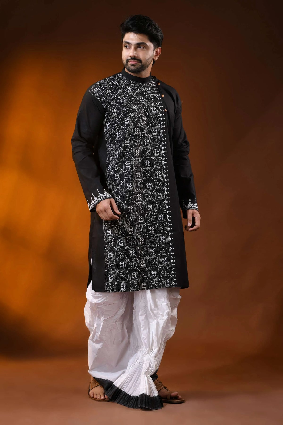 Jade black cotton kantha kurta for men - handcrafted geometric design 3