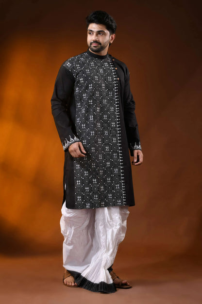 Jade black cotton kantha kurta for men - handcrafted geometric design 3