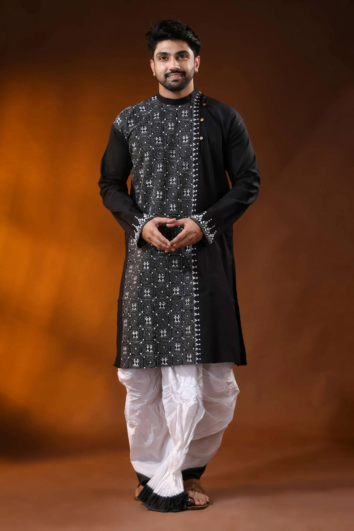 Jade black cotton kantha kurta for men - handcrafted geometric design 7
