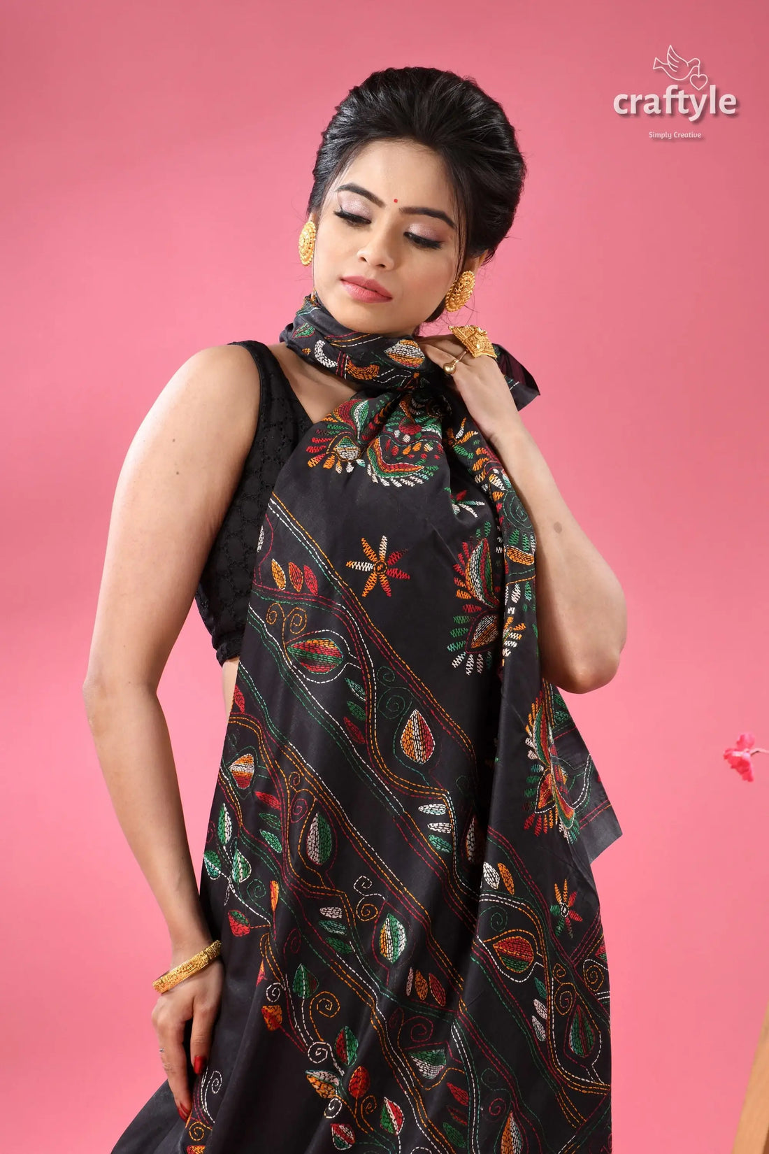 Jade black ethnic silk kantha stitched saree black kantha embroidered silk saree 2