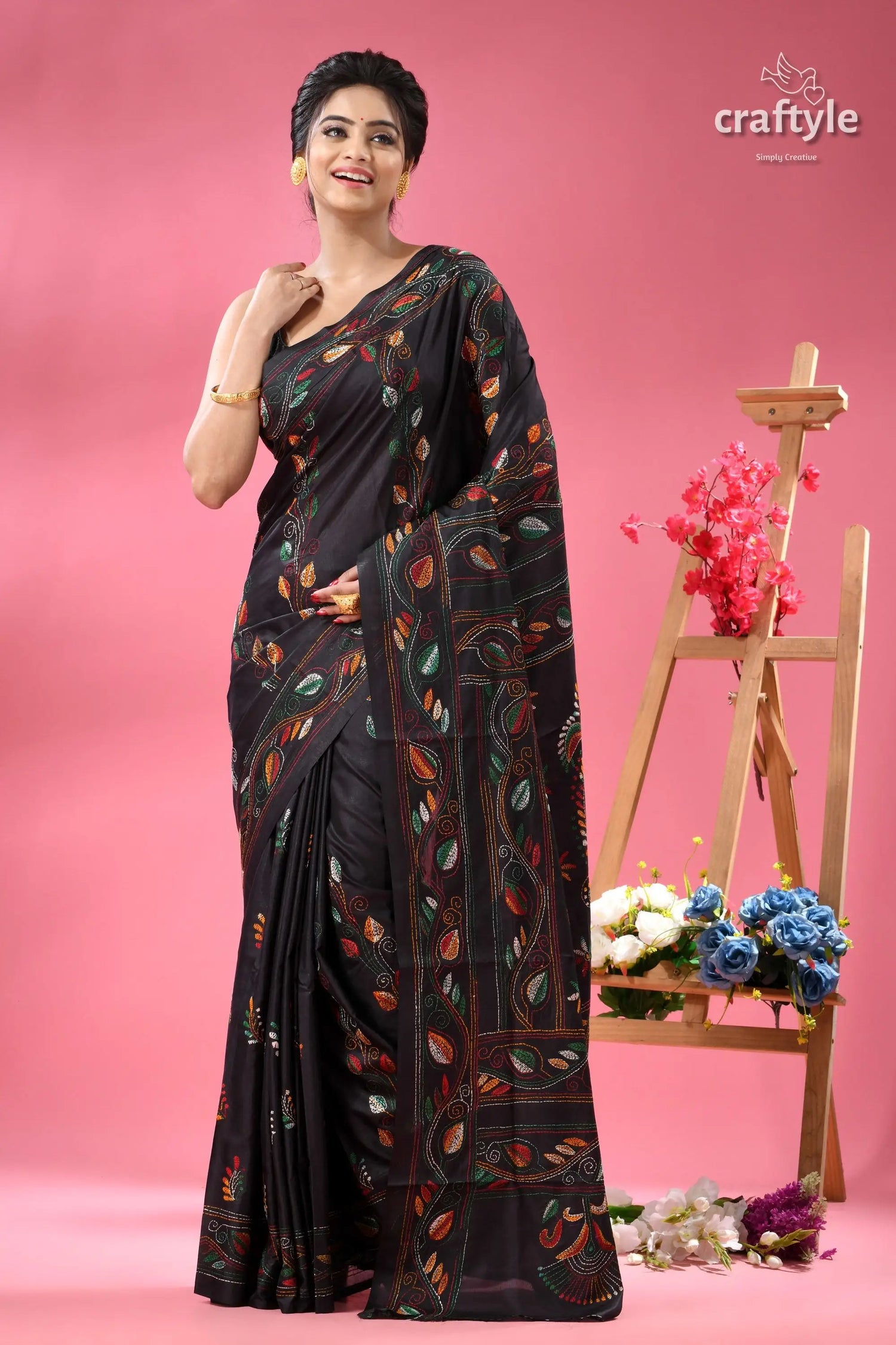 Jade black ethnic silk kantha stitched saree woman black silk saree colorful 6
