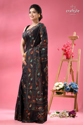 Jade black ethnic silk kantha stitched saree black saree colorful embroidery 4