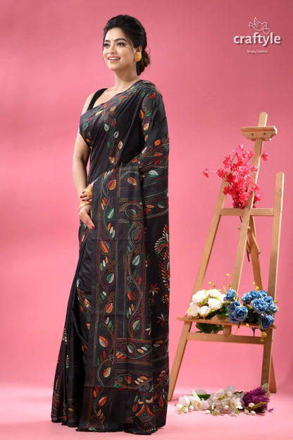 Jade black ethnic silk kantha stitched saree black saree colorful embroidery 4