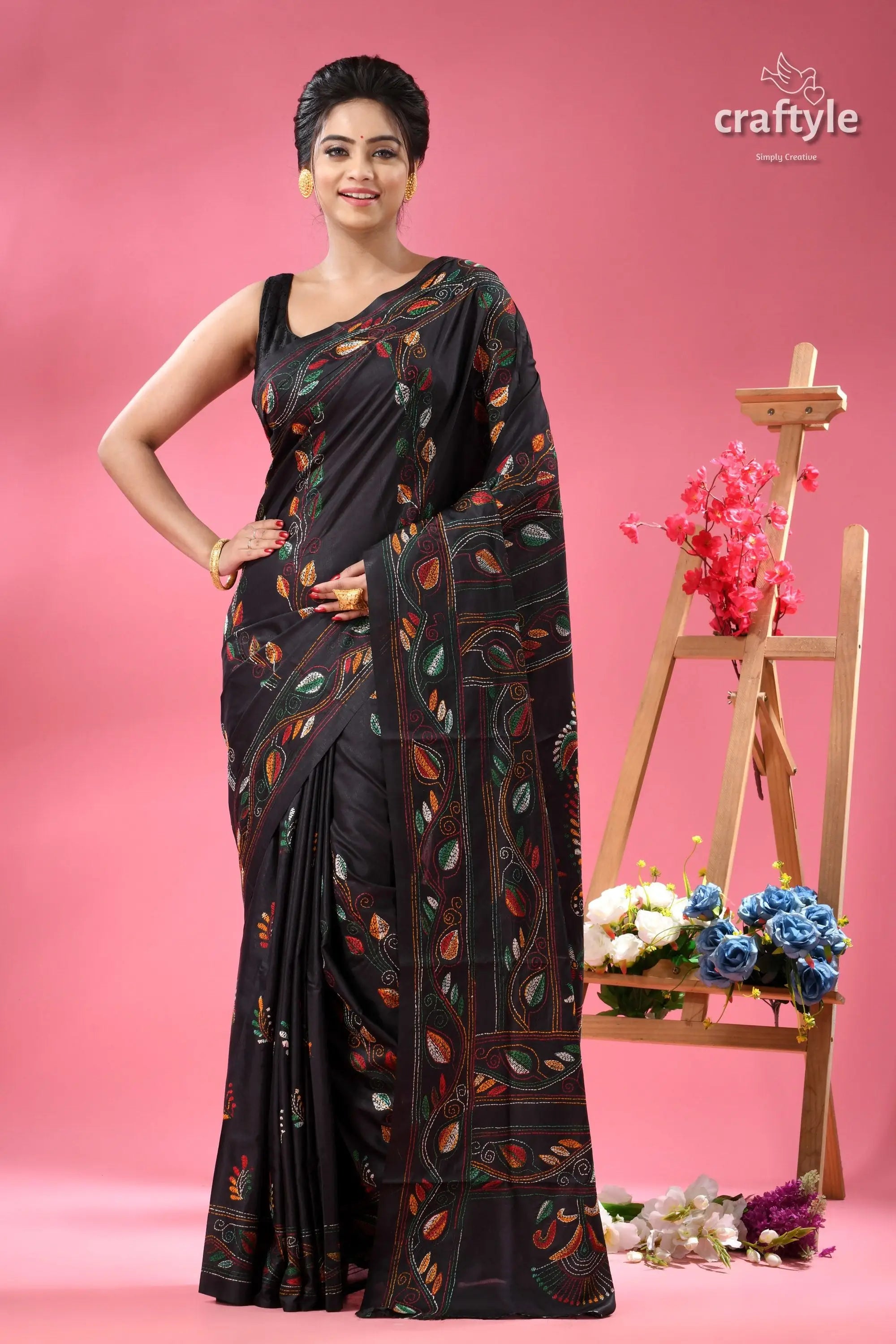 Jade black ethnic silk kantha stitched saree black silk saree colorful leaf 1