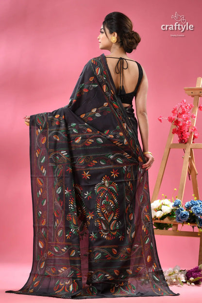 Jade black ethnic silk kantha stitched saree black saree colorful floral paisley 5