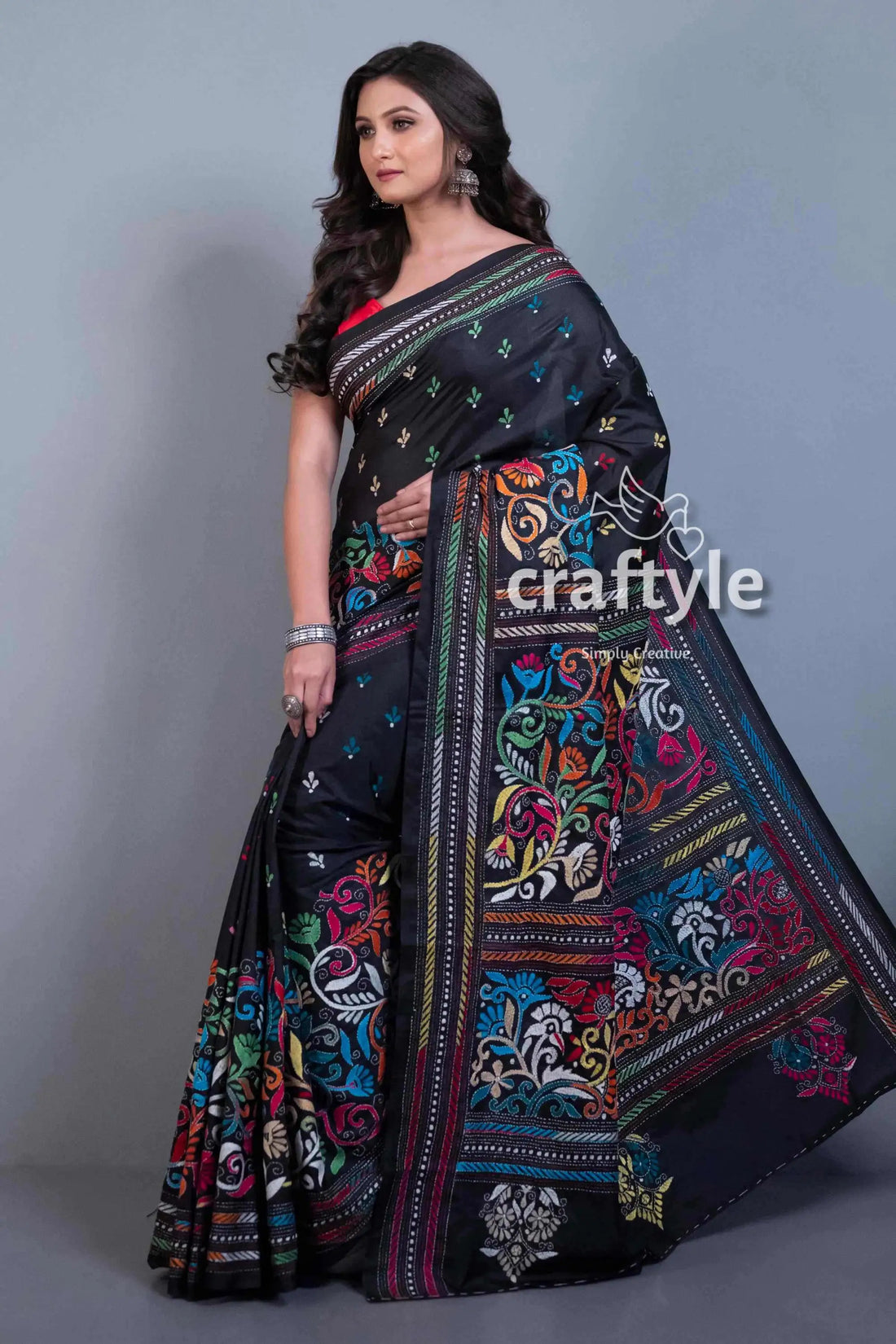 Jade black hand embroidered kantha work blended bangalore silk saree black saree colorful floral embroidery 2