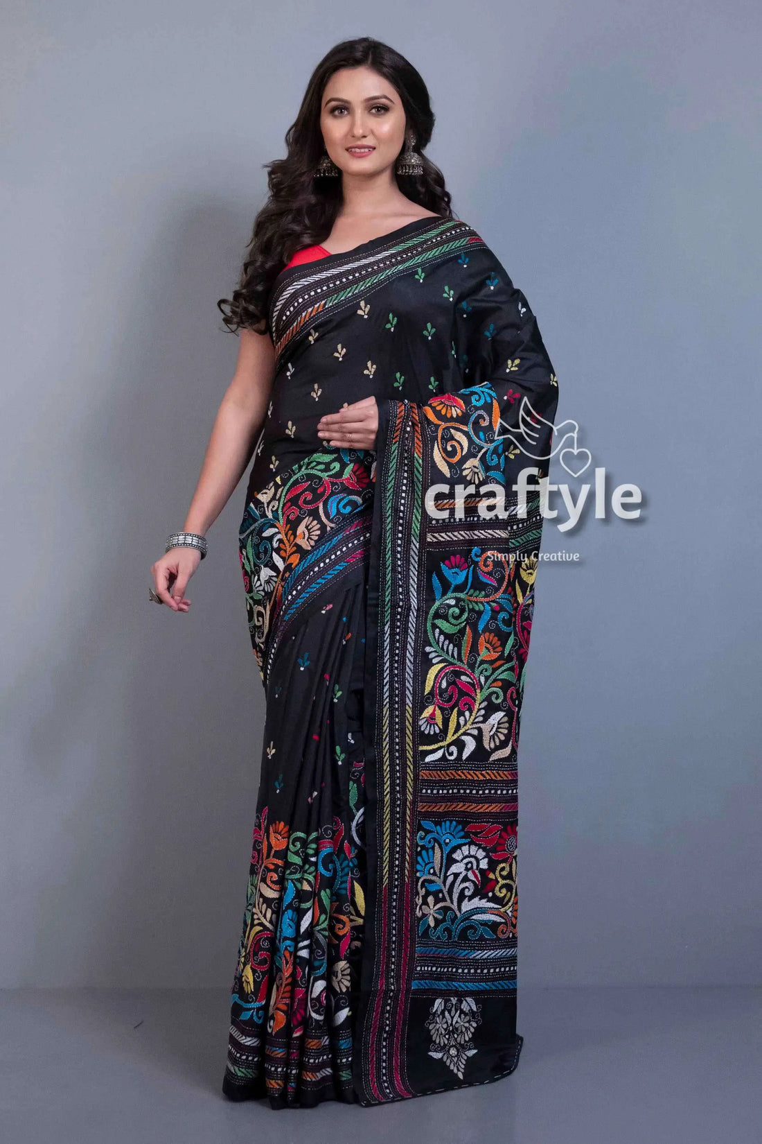 Jade black hand embroidered kantha work blended bangalore silk saree black saree colorful floral embroidery 1