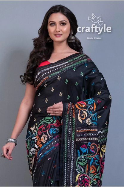 Jade black hand embroidered kantha work blended bangalore silk saree black embroidered saree 3