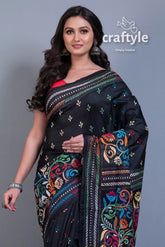 Jade Black Hand Embroidered Kantha Work Blended Bangalore Silk Saree-Craftyle