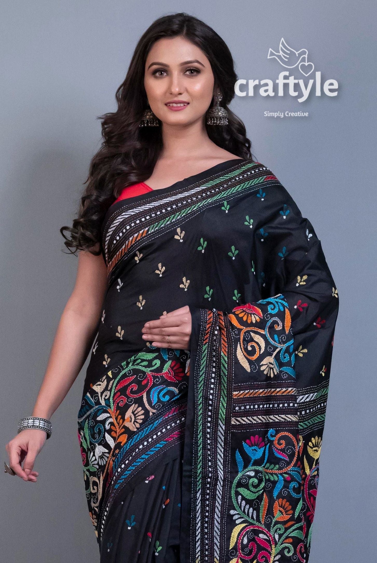 Jade Black Hand Embroidered Kantha Work Blended Bangalore Silk Saree-Craftyle