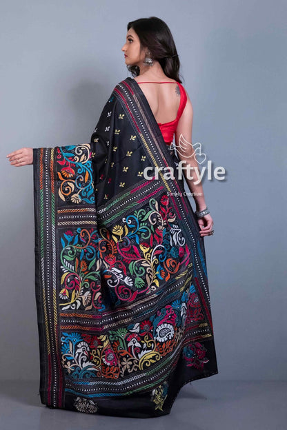 Jade Black Hand Embroidered Kantha Work Blended Bangalore Silk Saree-Craftyle