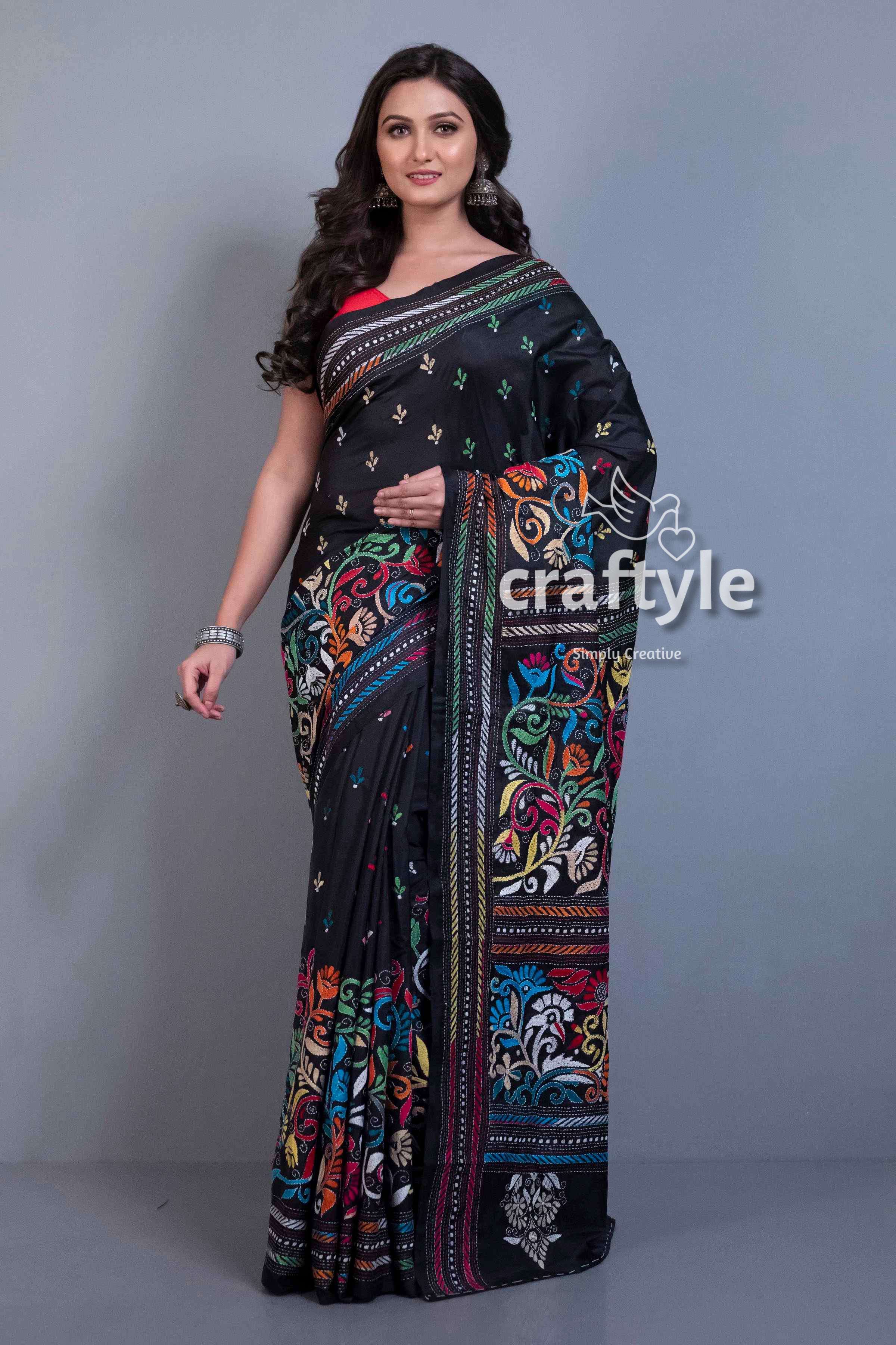 Jade Black Hand Embroidered Kantha Work Blended Bangalore Silk Saree-Craftyle