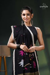 Jade black handwoven bird motif soft cotton jamdani saree black white saree colorful animal 2