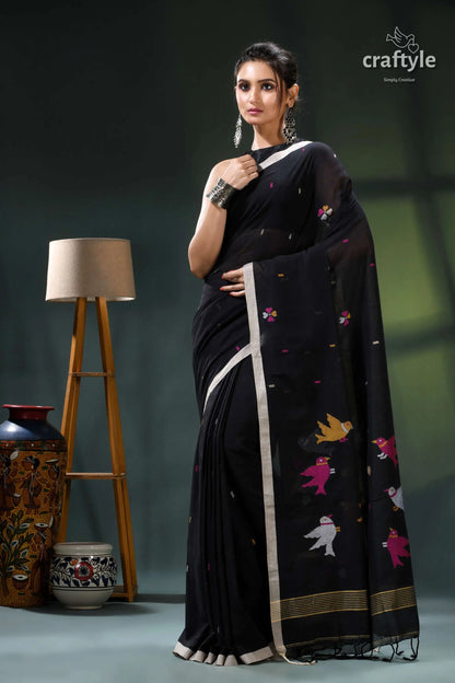 Jade black handwoven bird motif soft cotton jamdani saree black saree colorful bird star 7