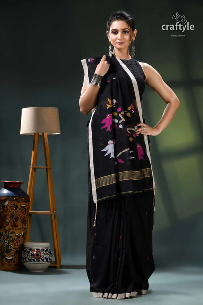 Jade black handwoven bird motif soft cotton jamdani saree black saree colorful bird floral 6
