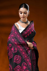 Jade black kantha embroidery silk saree with magenta paisley motif 2