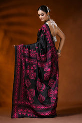 Jade black kantha embroidery silk saree with magenta paisley motif 5