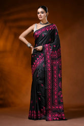 Jade black kantha embroidery silk saree with magenta paisley motif 1