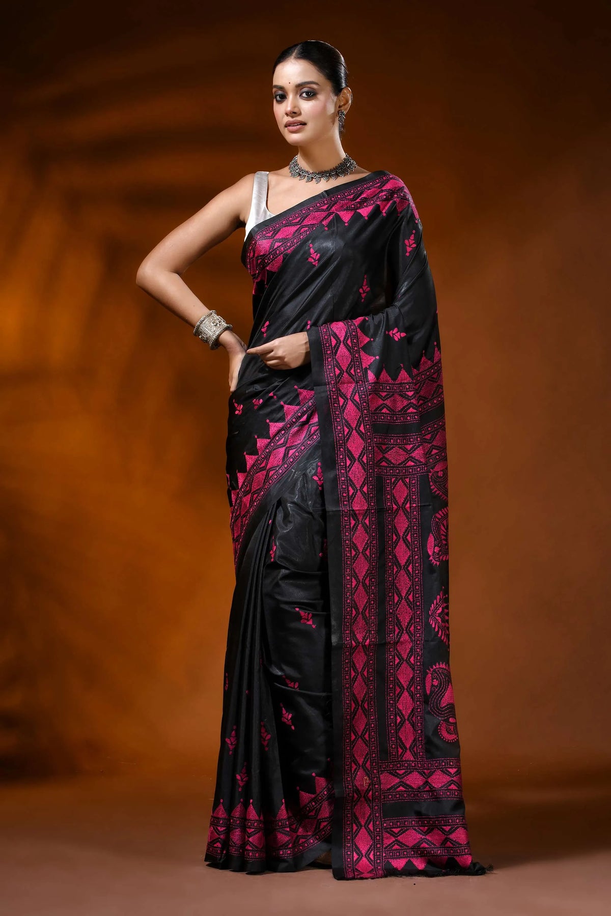 Jade black kantha embroidery silk saree with magenta paisley motif 1