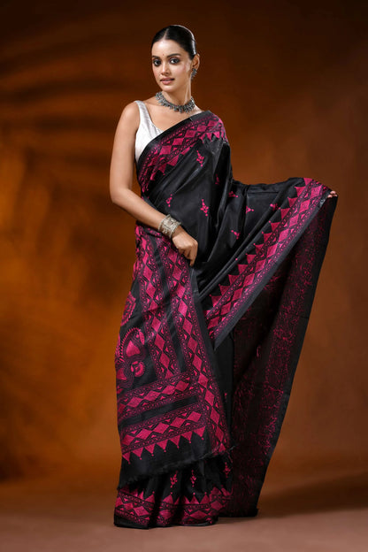 Jade black kantha embroidery silk saree with magenta paisley motif 3