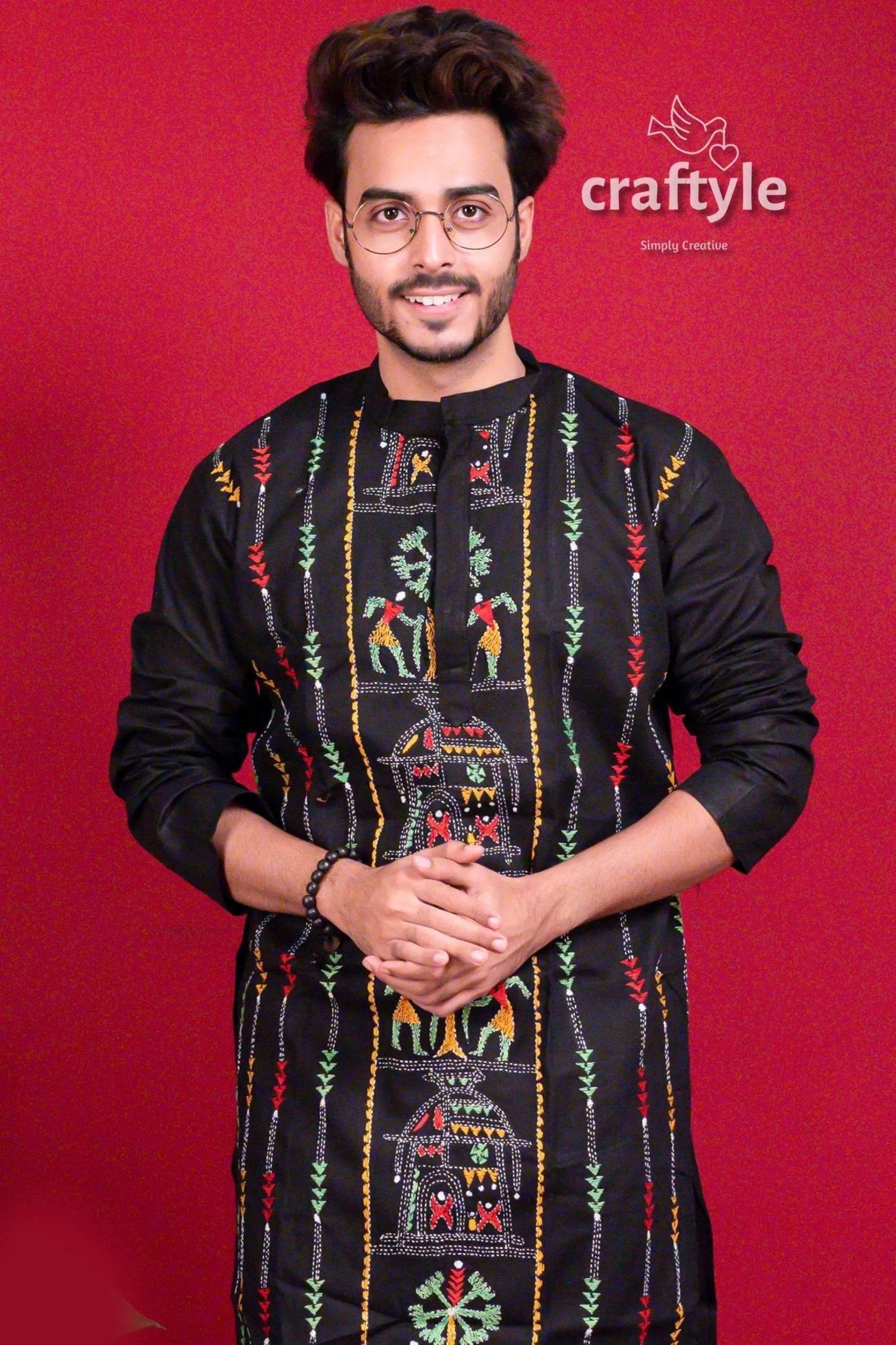 Jade black kantha work hand embroidered cotton kurta for men men’s colorful tribal 2