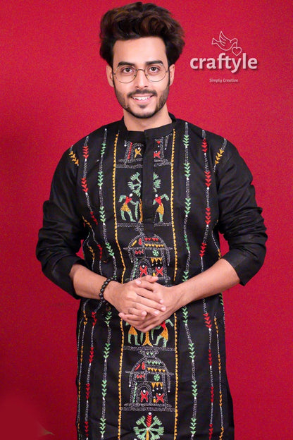 Jade black kantha work hand embroidered cotton kurta for men men’s colorful tribal 2