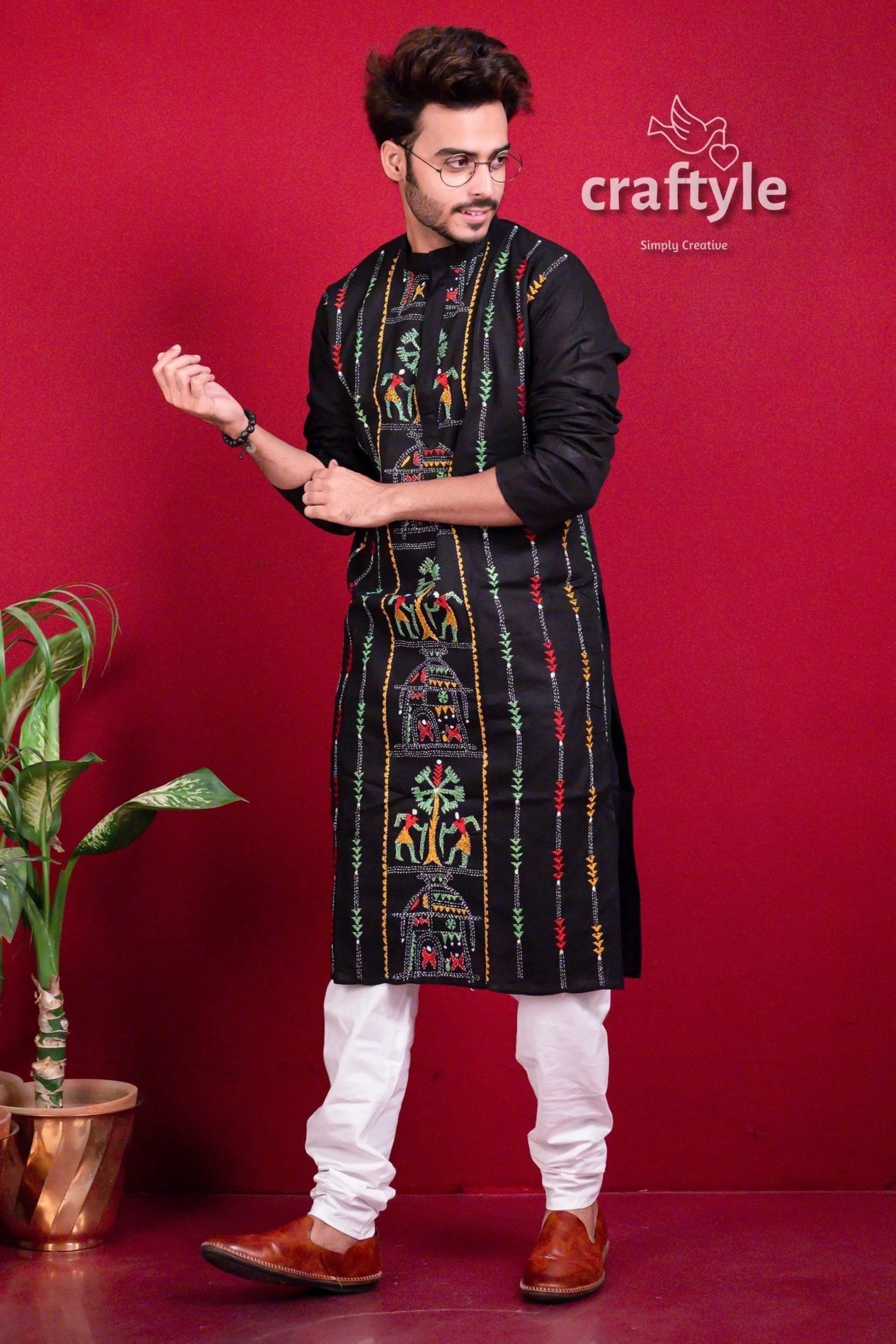 Jade black kantha work hand embroidered cotton kurta for men men’s colorful 3