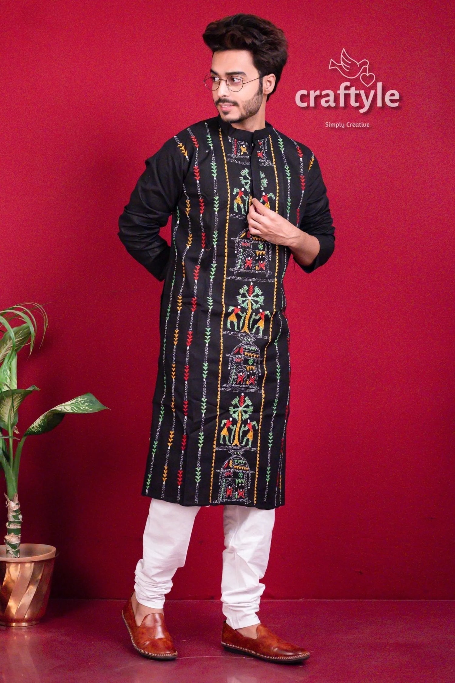 Jade black kantha work hand embroidered cotton kurta for men men’s colorful vertical 1