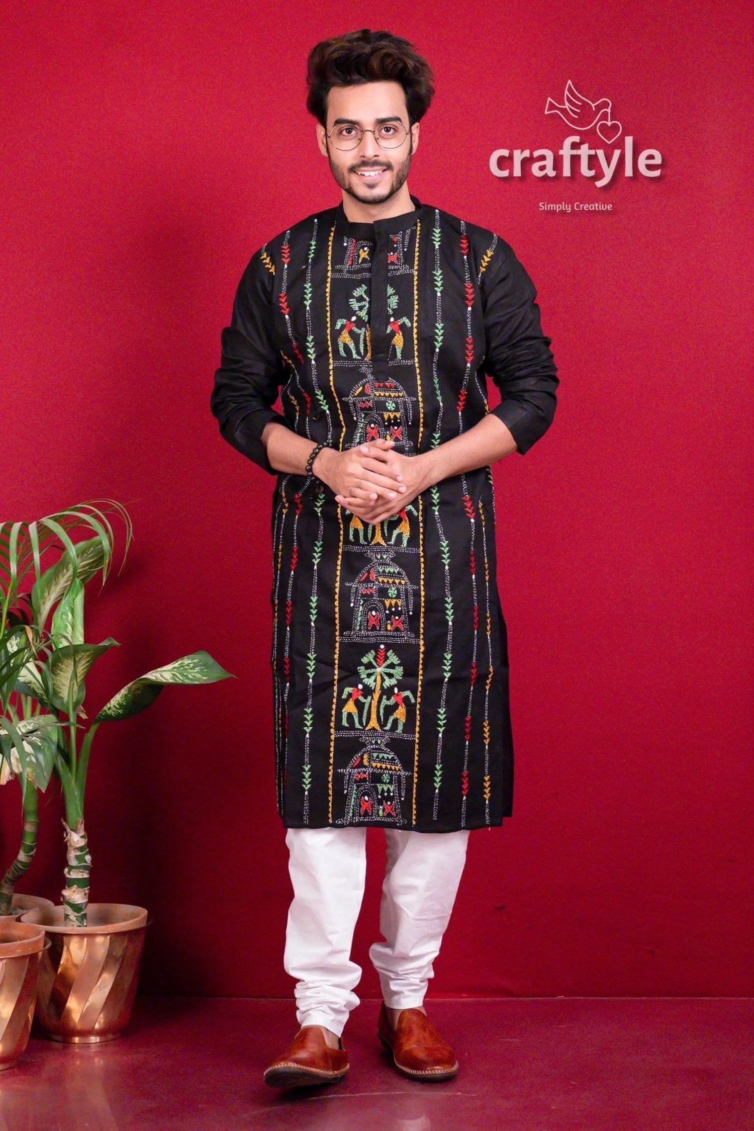 Jade black kantha work hand embroidered cotton kurta for men men’s colorful tribal-inspired 4