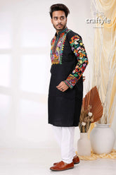 Jade black multicolor thread work kantha stitch cotton kurta for men embroidered vibrant colorful 3