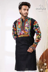 Jade black multicolor thread work kantha stitch cotton kurta for men embroidered vibrant colorful 2