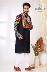 Jade Black Multicolor Thread Work Kantha Stitch Cotton Kurta for Men - Craftyle