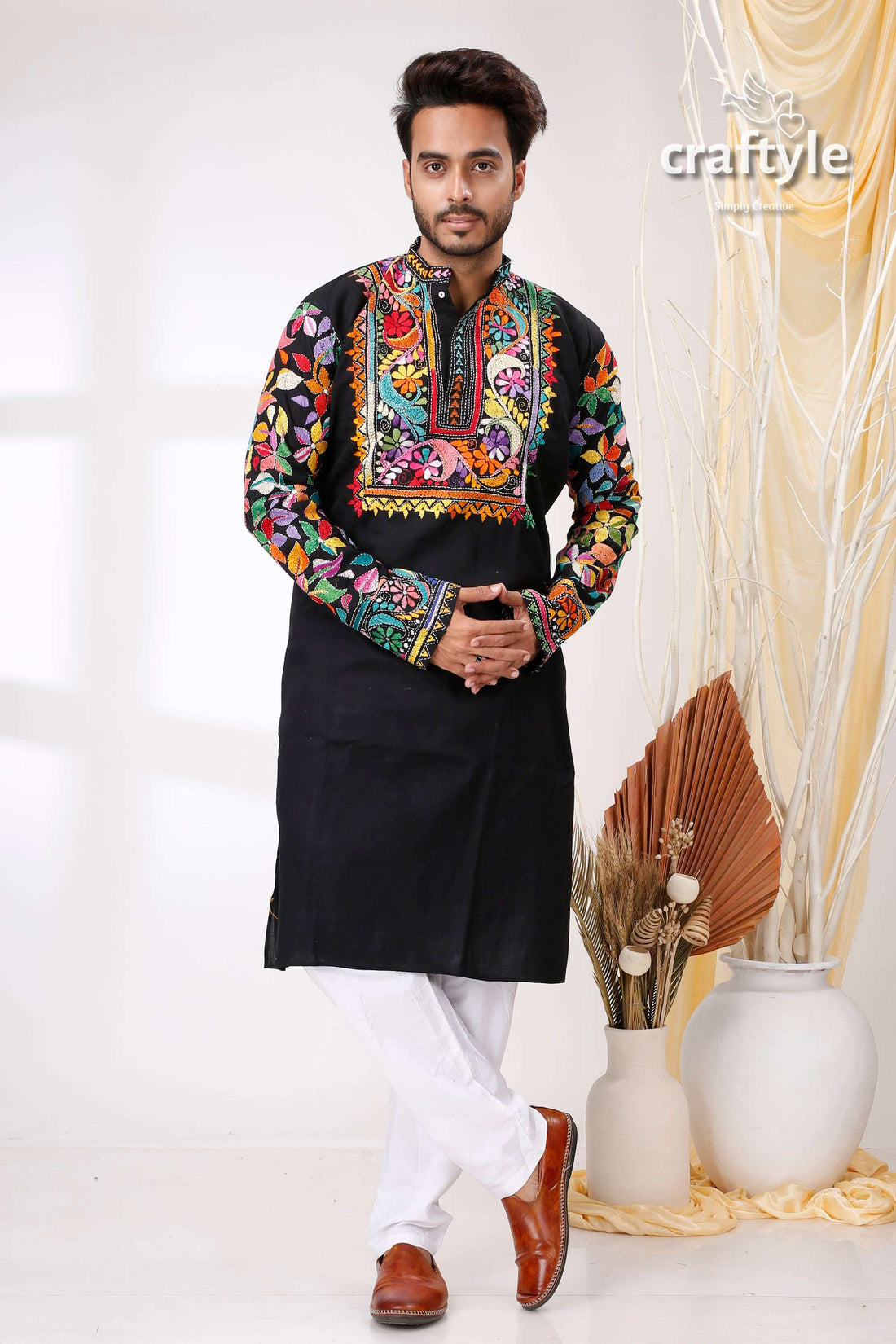Jade Black Multicolor Thread Work Kantha Stitch Cotton Kurta for Men - Craftyle