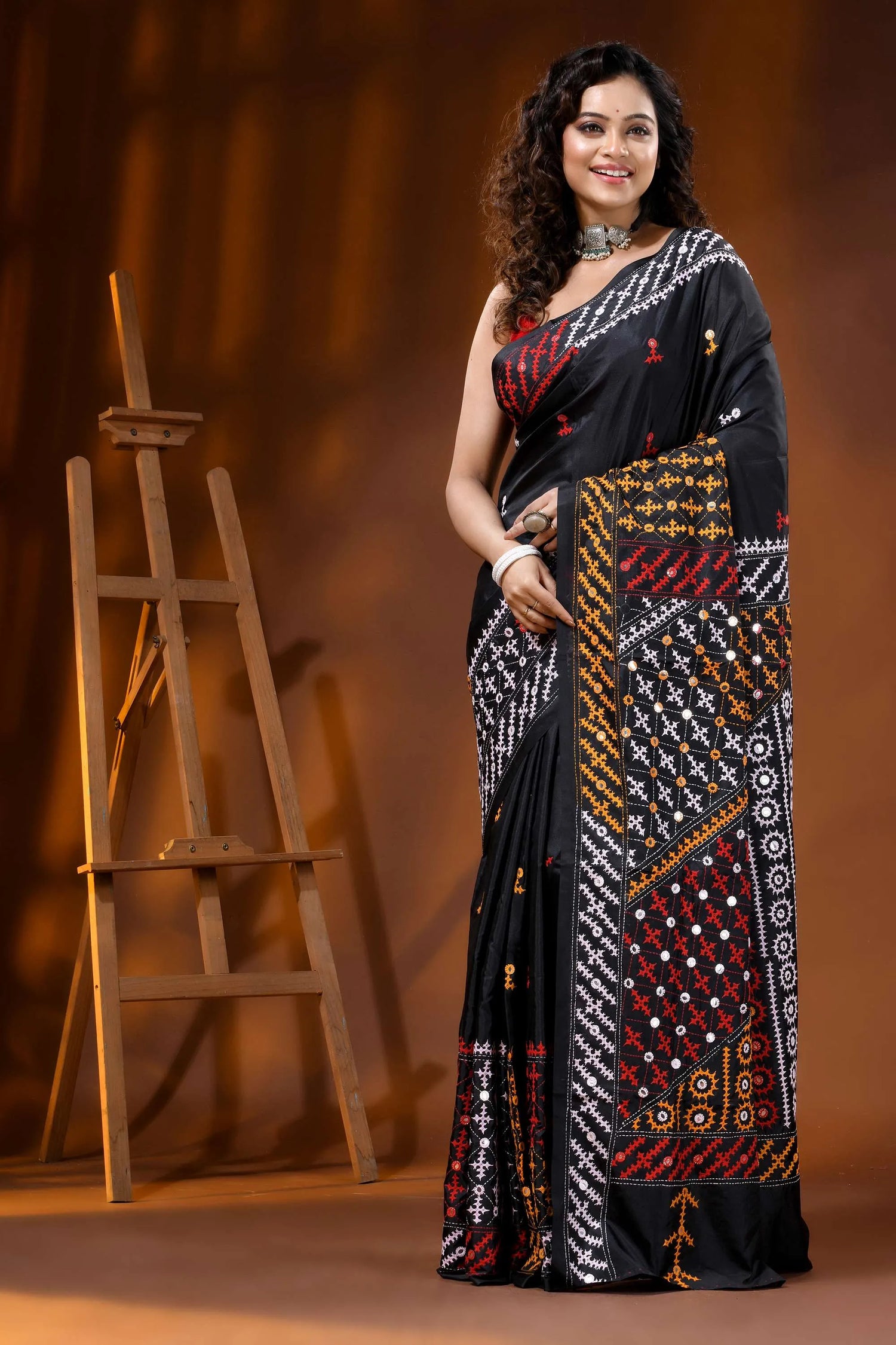 Jade black silk gujarati stitch saree with multicolor thread mirror work 6