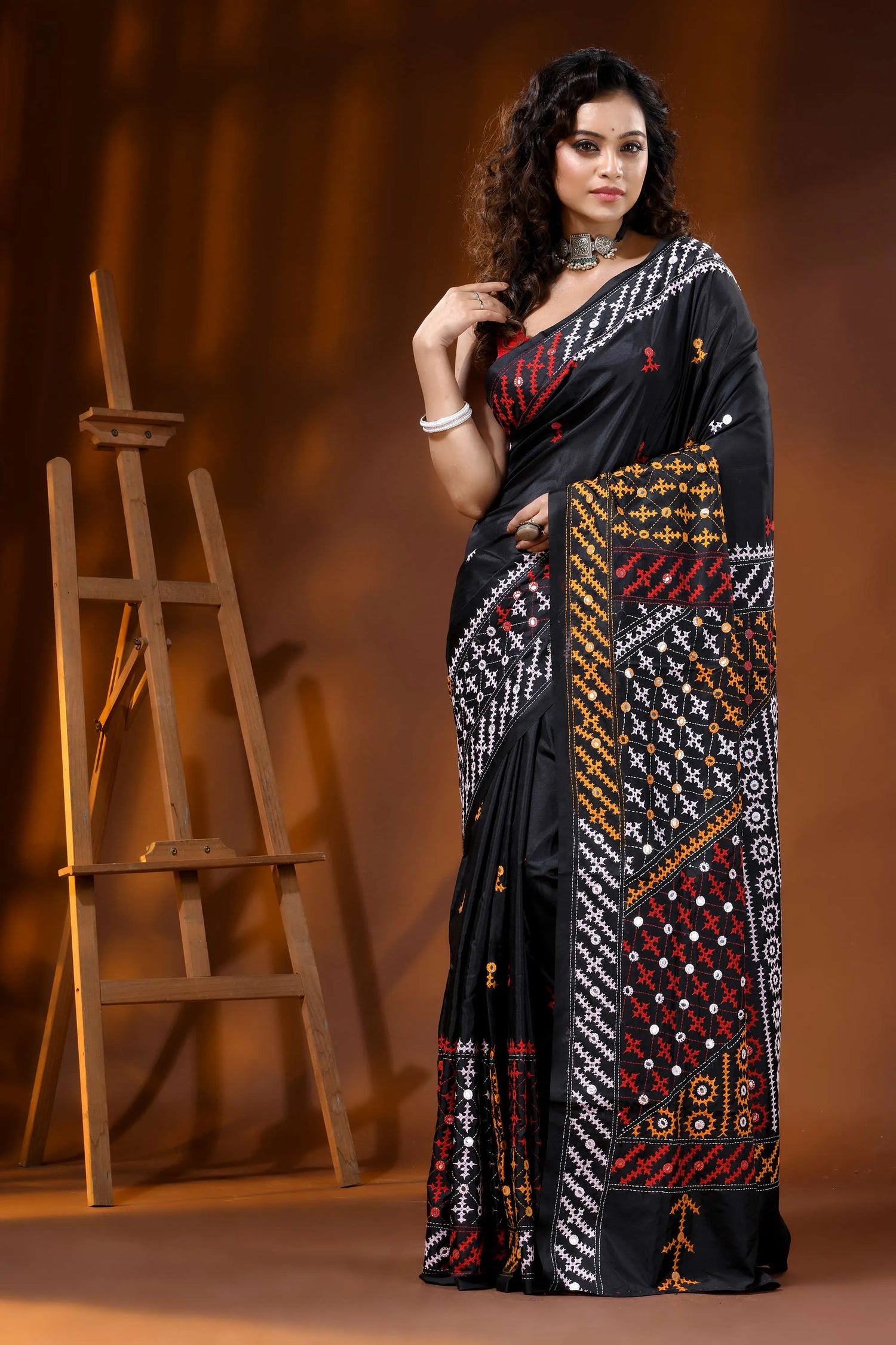 Jade black silk gujarati stitch saree with multicolor thread mirror work 1