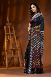 Jade black silk gujarati stitch saree with multicolor thread mirror work 3