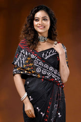 Jade black silk gujarati stitch saree with multicolor thread mirror work 2
