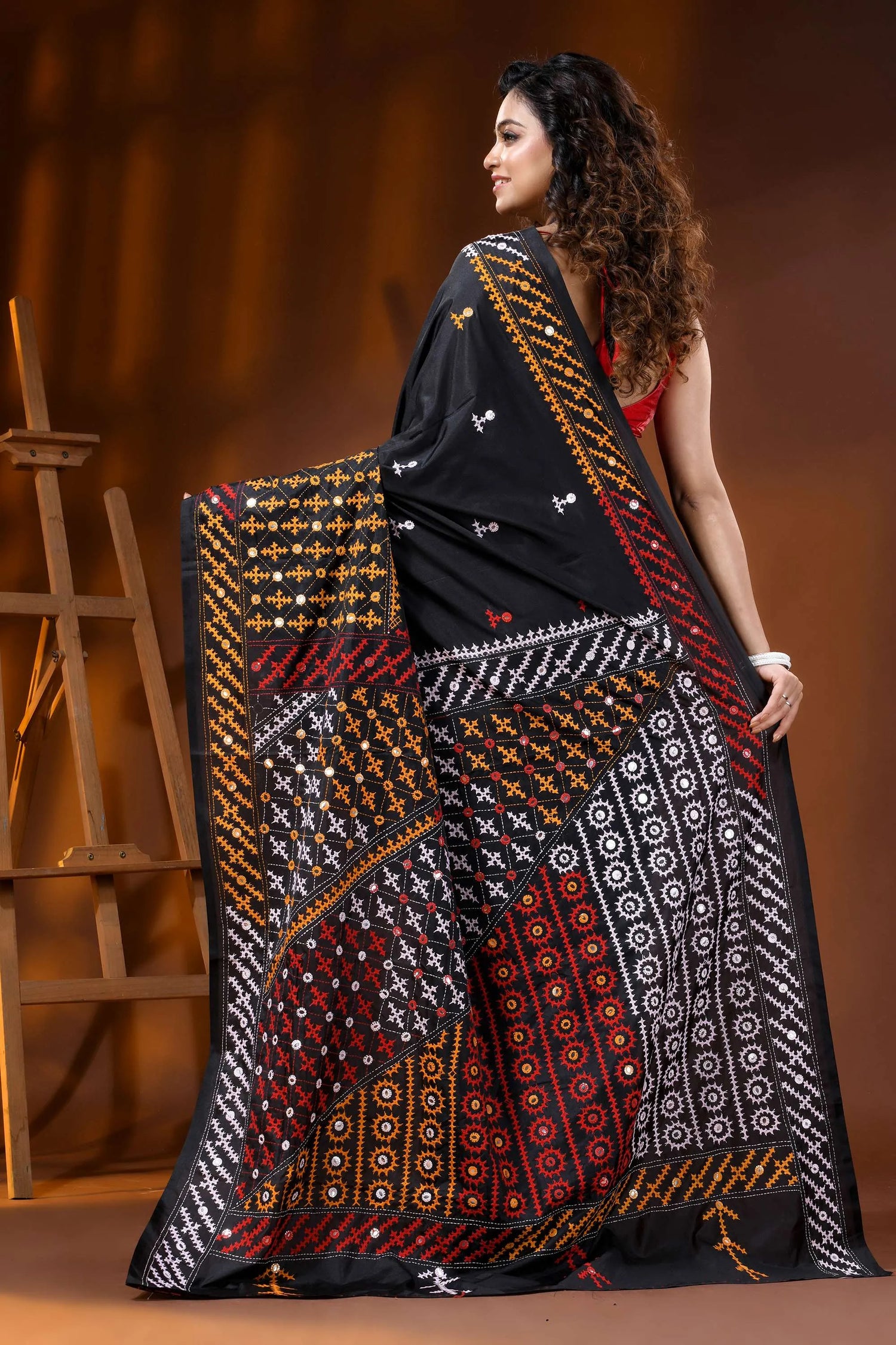 Jade black silk gujarati stitch saree with multicolor thread mirror work 5