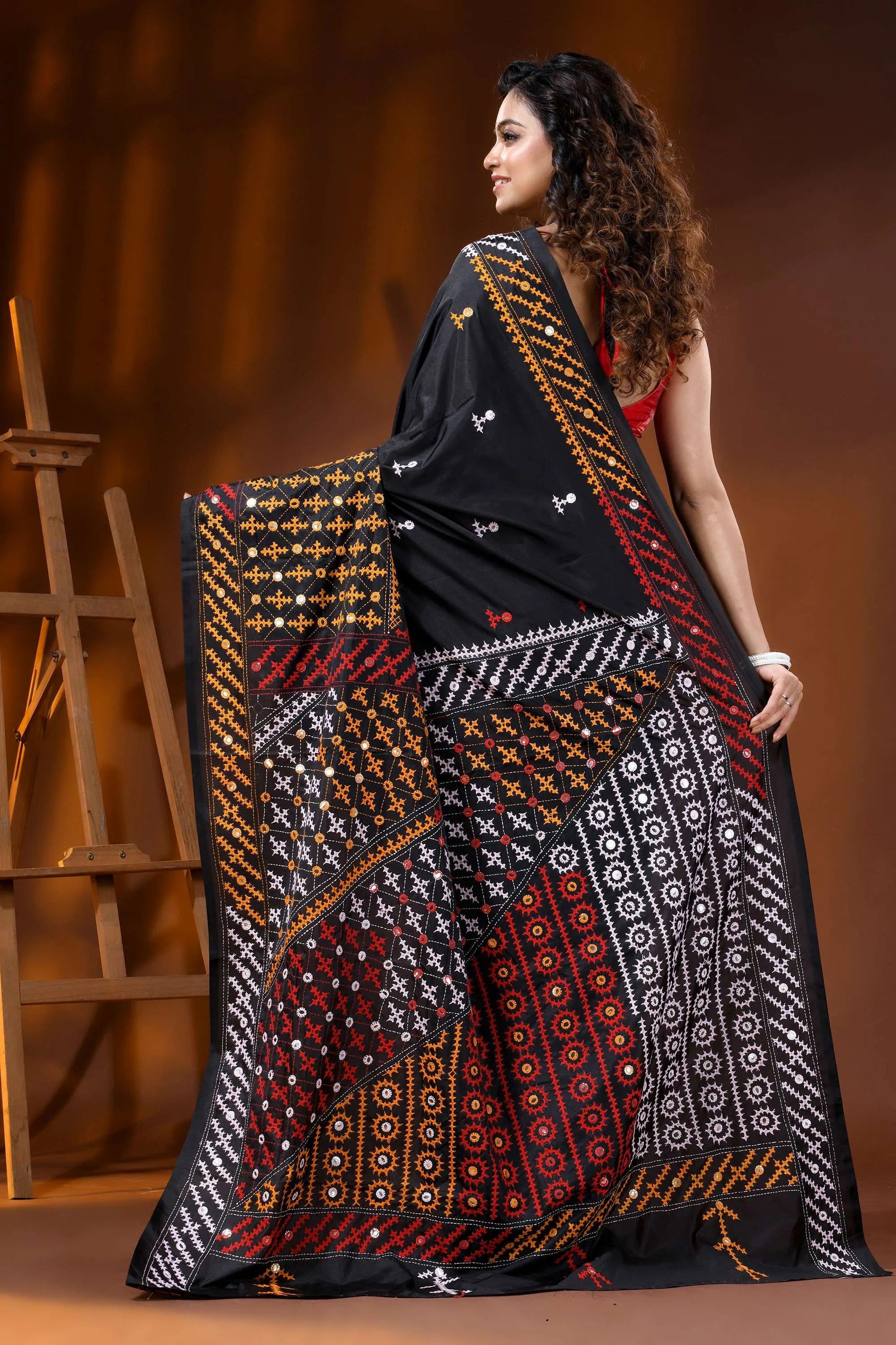 Jade black silk gujarati stitch saree with multicolor thread mirror work 5