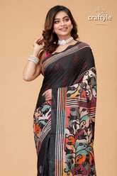 Jade Black Tulip Design Silk Kantha Saree - Reverse Stitch - Craftyle