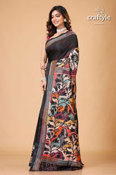 Jade Black Tulip Design Silk Kantha Saree - Reverse Stitch - Craftyle