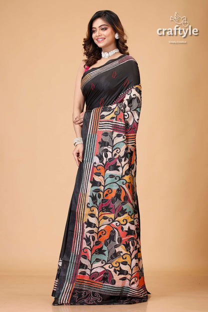 Jade Black Tulip Design Silk Kantha Saree - Reverse Stitch - Craftyle